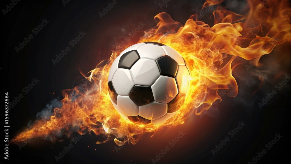 Fototapeta premium Fiery Soccer Ball Blazing Through the Air, a Dynamic Image of Intense Competition and Unrivaled Passion