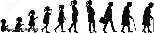 Comprehensive silhouette progression of a woman's life from baby to elderly, showcasing human development, aging process, and the full span of female existence for diverse projects.