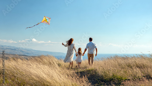 A family of three, seen from behind, walks through a grassy, open landscape on a sunny day, holding hands as a colorful kite soars high in the blue sky. Concept of togetherness, freedom, outdoor fun