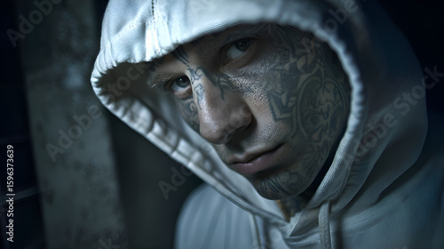 Young male criminal wearing hoodie and face tattoo hiding in the shadows