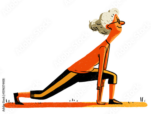 Older woman practicing yoga in lunge position on a white background  