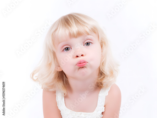 Headshot of a little joyful blond girl with puckered lips