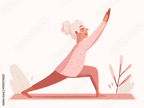 Elderly woman practicing yoga in a serene indoor environment  