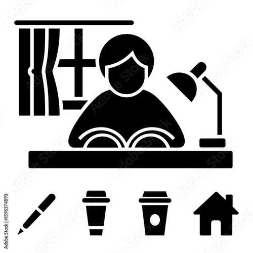 Vector icon sheet of a person studying at desk with lamp and window – Great for education materials, student life designs, or study-related branding.
