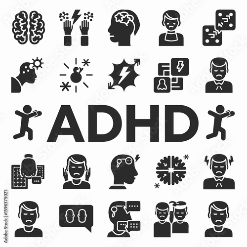 black and white adhd icon sheet with brain and person symbols – ideal for mental health awareness, educational, or neurological content