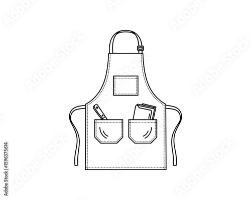 Apron Outline Vector Illustration with Pockets Knife and Notepad Simple Kitchen Utensil Clothing Design