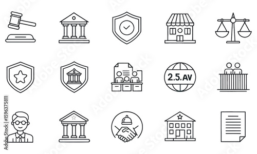 Law and government icons with court, justice, building and legal document symbols