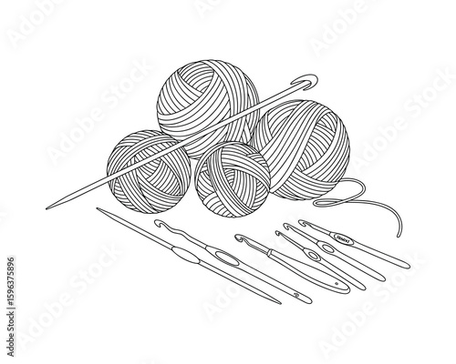 Balls of Yarn and Crochet Hooks Assortment, Hand Drawn Black Outline Illustration, Stitching Tool, Vector Illustration