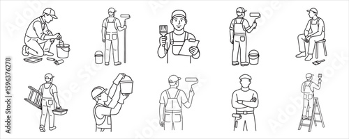 Painter Workers Set – Line Art Collection of House Painters with Tools and Buckets