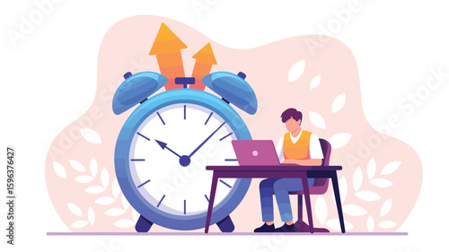 Time Management and Productivity Concept — Person Working at Desk Beside Giant Alarm Clock with Arrows Pointing Upward and Abstract Background
