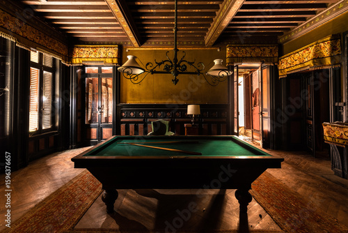 Abandoned Château Billiard Room with Vintage Decor and Atmospheric Natural Light in France