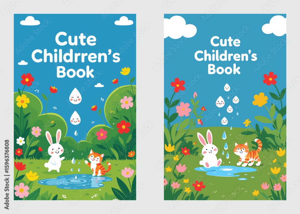 Fototapeta premium Cute Animals Playing In Garden With Flowers And Water Book Cover
