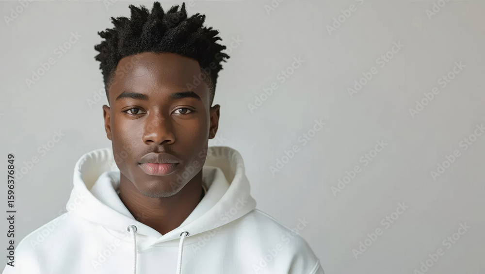 Obraz premium Young African American man wearing a white hoodie looks directly at the camera in a studio shot