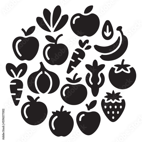 Minimalist black fruit and vegetable icons collection