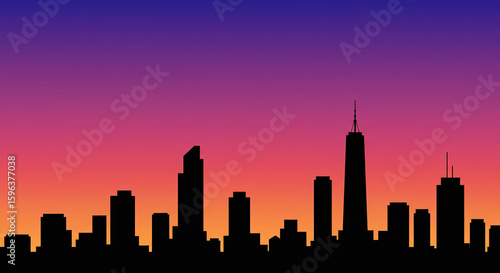 Vector illustration of minimalist city skyline with sunset gradient background