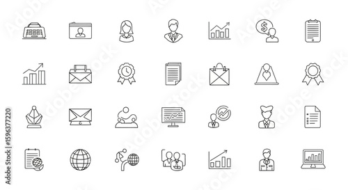 A collection of outline icons representing business, communication, and finance concepts arranged in rows.