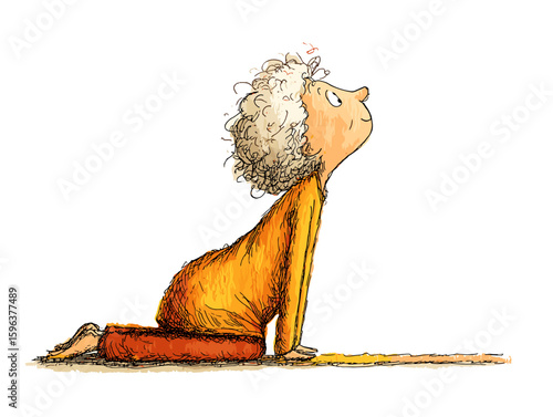 Old woman practicing yoga in downward dog pose on mat  