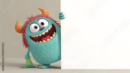 Cheerful cartoon monster with colorful fur holding blank signboard