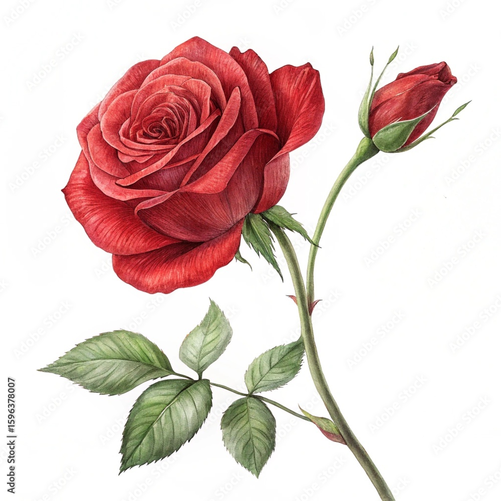 Fototapeta premium A watercolor painting of a red rose with a bud and green leaves on a white background isolated