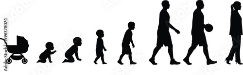 Human Life Stages from Baby to Adult Silhouettes, Representing Growth, Development, Evolution, and the Journey of Life.