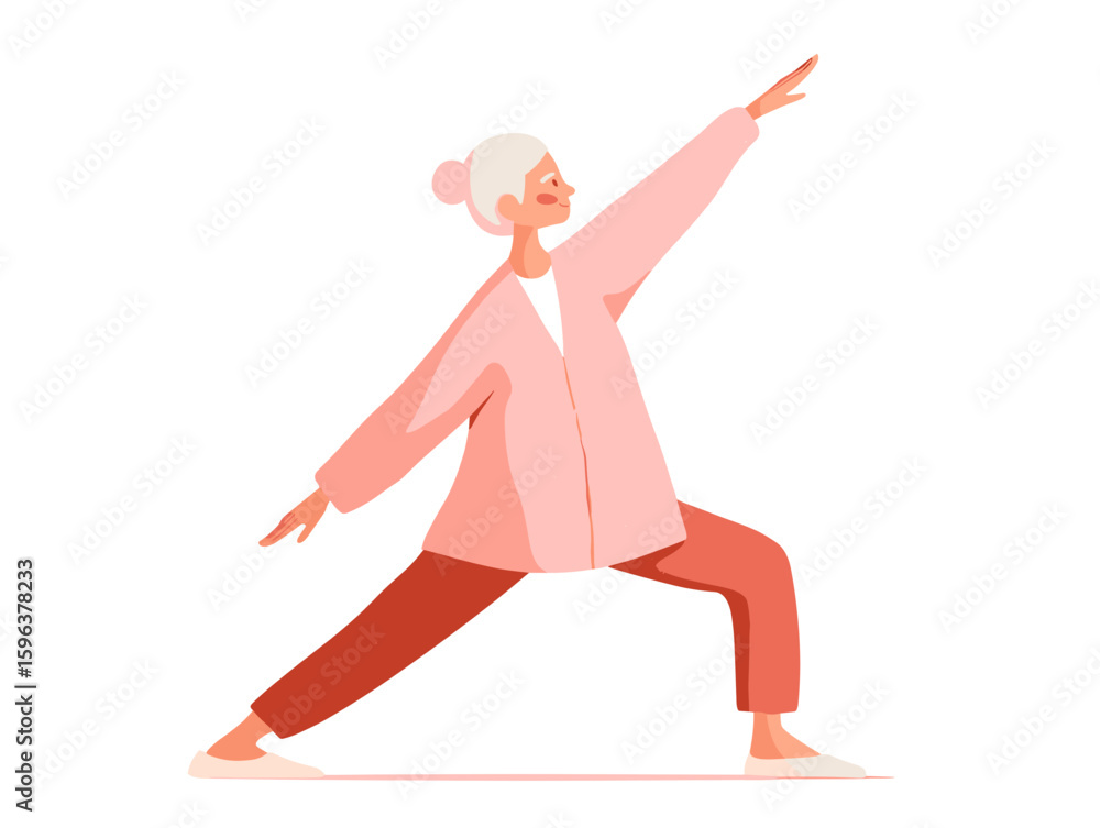 Fototapeta premium Elderly woman practicing yoga in active pose with pastel colors 