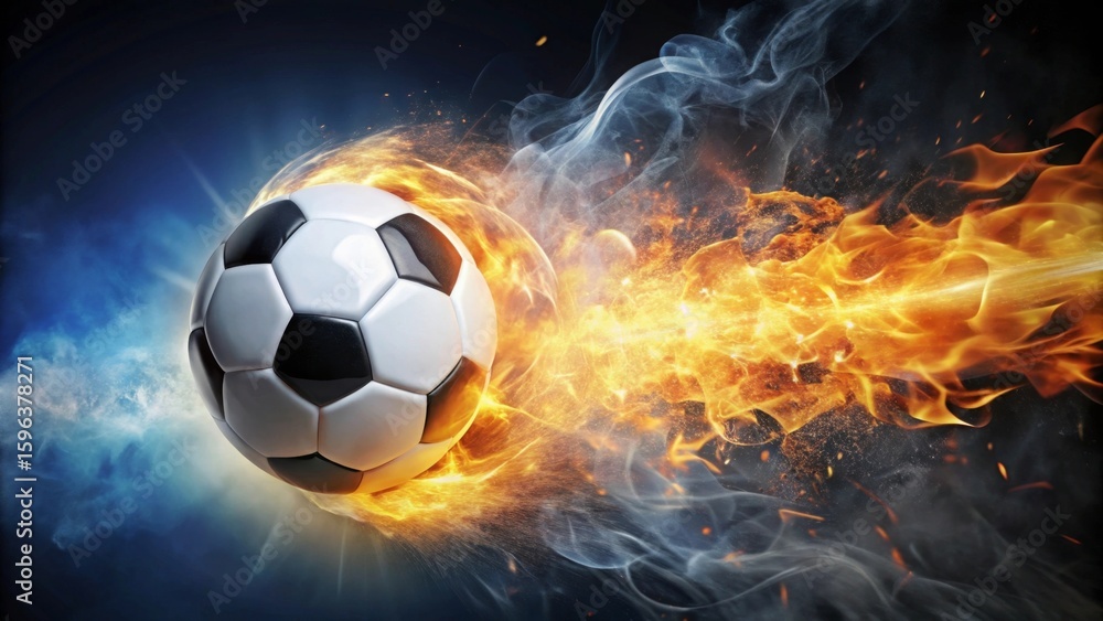 Naklejka premium Fiery Soccer Ball in Motion A Dynamic Image of a Burning Football Traversing a Trail of Smoke and Embers