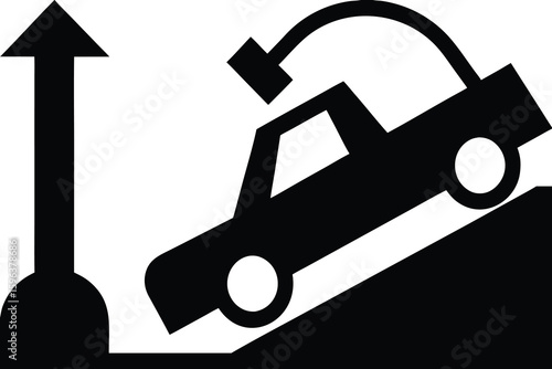 Black silhouettes of a car on a ramp and an upward arrow white icon