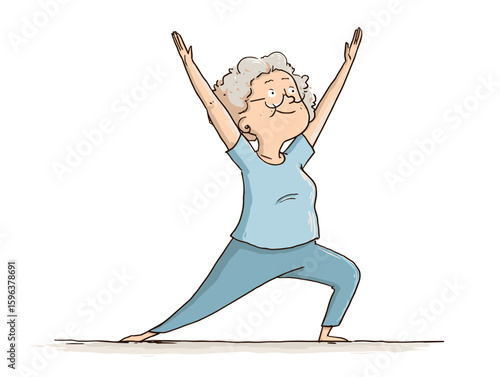 Elderly woman practicing yoga and stretching with a joyful expression  