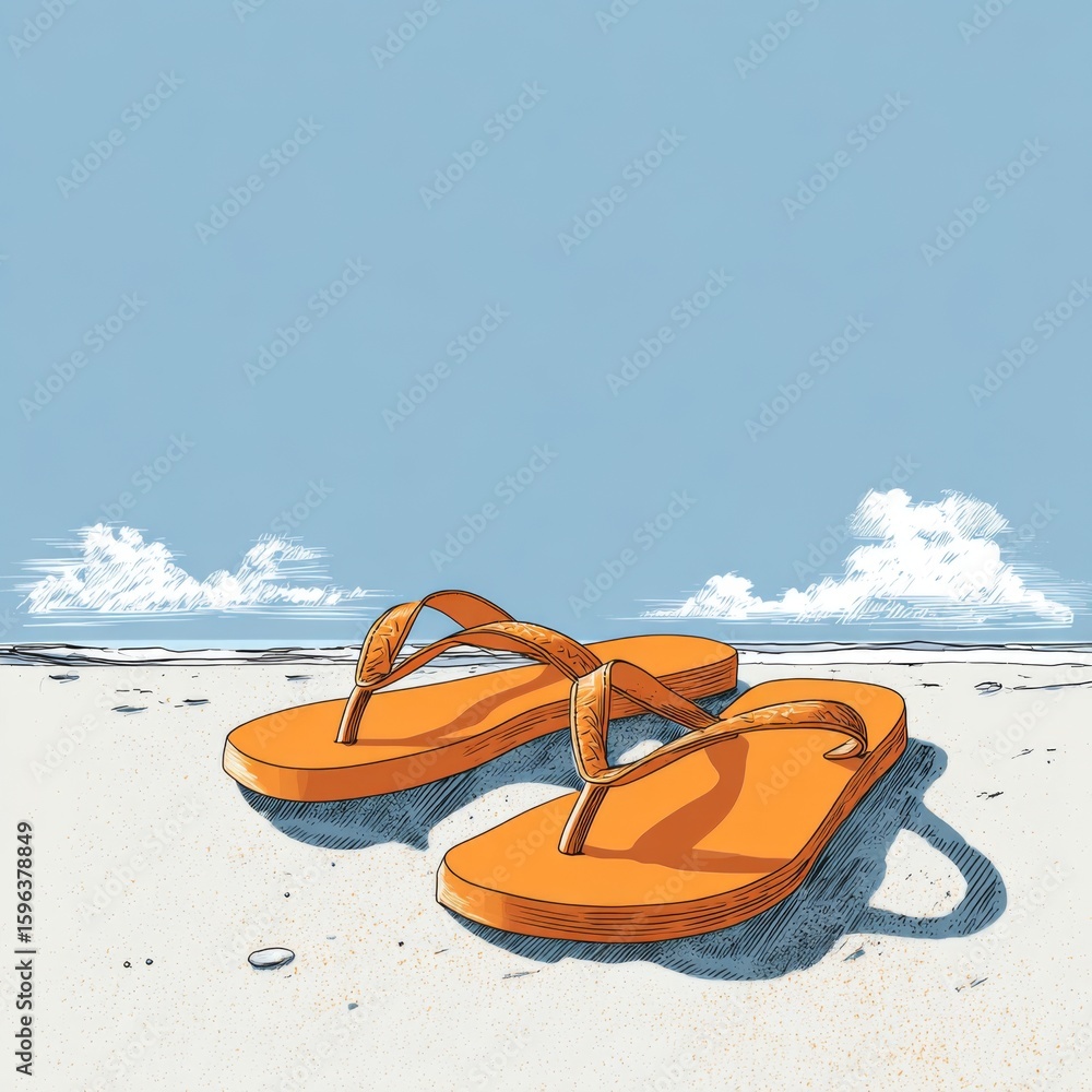 Obraz premium Vibrant Orange Flip Flops on a Sandy Beach with a Bright Blue Sky and Clouds in the Background