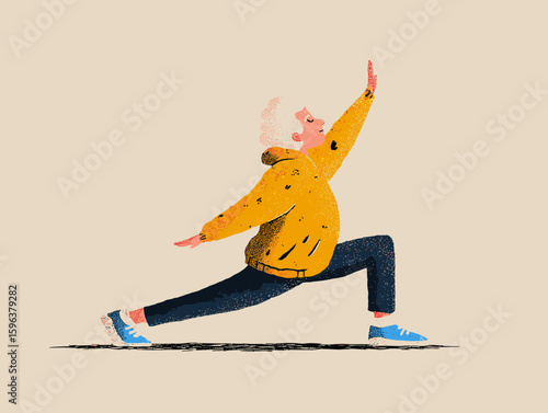 Elderly woman practicing yoga in a yellow hoodie on beige background  