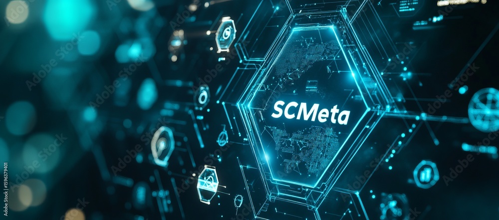 Obraz premium Futuristic digital network visualization, showcasing global connectivity and data flow within a hexagonal framework