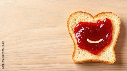 Buttered toast with red jam on light wooden background, close-up with inviting texture and breakfast appeal