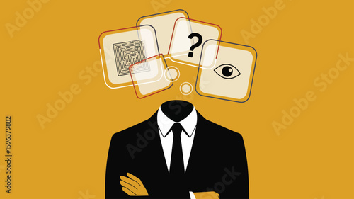conceptual business illustration of person in suit with floating icons as head, symbolizing identity, digital data, and complex decision-making