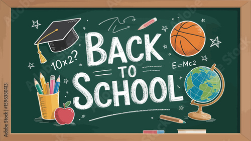 back to school chalkboard illustration with hand-drawn text, academic icons, and equations celebrating learning, creativity, and fresh beginnings