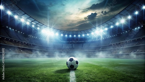 A solitary soccer ball rests center field in a massive stadium at night, under bright stadium lights and a dramatic sky