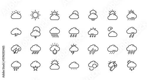 Collection of minimalist weather icons depicting various cloud conditions, sun, rain, and lightning.