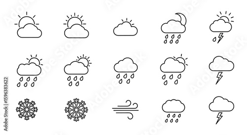 A collection of simple line icons depicting various weather conditions, including sun, clouds, rain, snow, and wind.