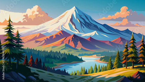Mount Hood in Oregon, USA, displays a serene, beautiful vista with clear skies and snowy slopes. Framed on a white background, it’s ideal for creating a clean, semi-realistic vector landscape.
