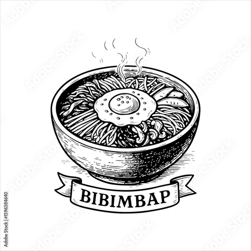 Detailed black and white illustration of a bowl of Bibimbap, a Korean dish.