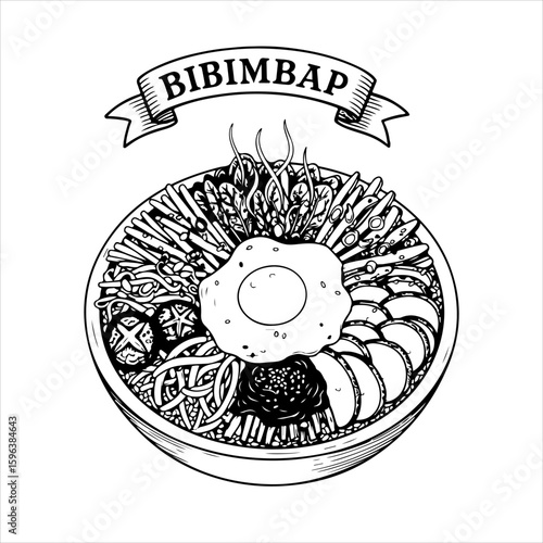 Black and white line art illustration of a bowl of Bibimbap with a banner above it displaying the name.