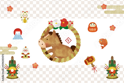 水彩風　2026年 午年 年賀状イラスト｜かわいい馬としめ縄・縁起物の正月デザイン