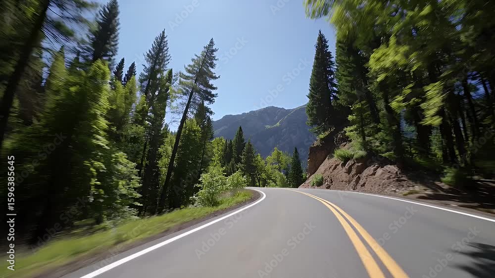 point of view from a moving vehicle driving along a peaceful tree lined forest road in the mountains emphasizing nature’s beauty and calm travel vibes with road winding through lush green wilderness