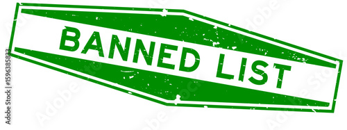 Grunge green banned list word hexagon rubber seal stamp on white background