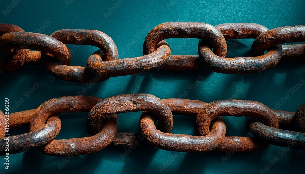 Fototapeta premium intricate rusty chain links interwoven showing texture and age against a dark teal backdrop