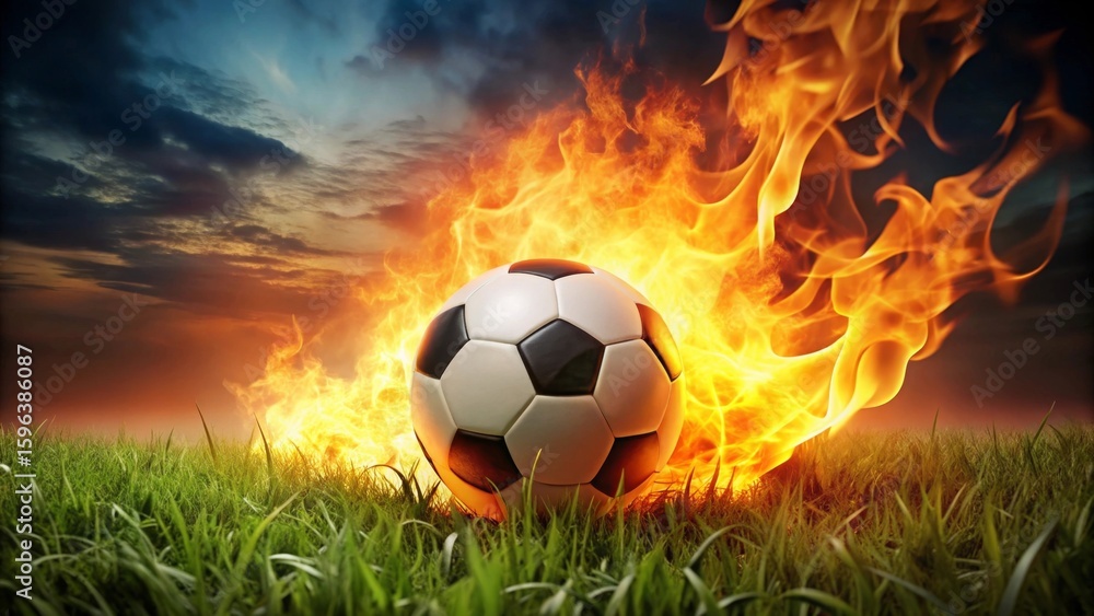 Fototapeta premium Fiery Passion A Soccer Ball Engulfed in Blazing Flames on a Lush Green Field at Sunset