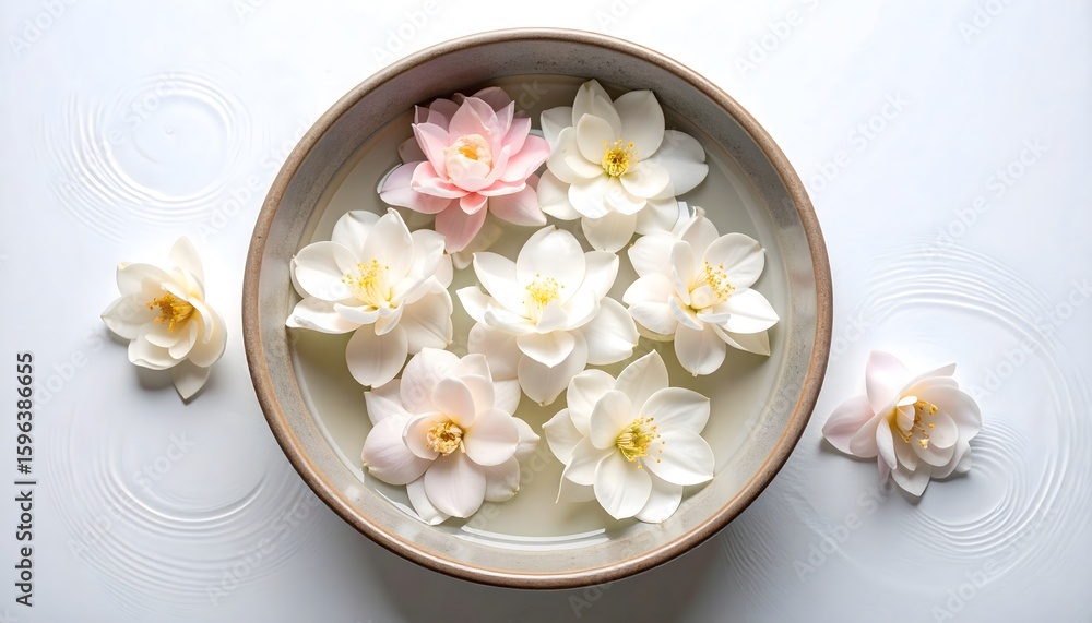 Serene Floral Arrangement: White and Pink Flowers Floating in Water Bowl Serene Floral Arrangement: White and Pink Flowers Floating in Water Bowl