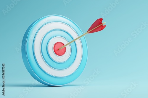 3D render displays a stylized blue and white target with a red bullseye, perfectly struck by a red-fletched arrow, all set against a clean, light blue background. 