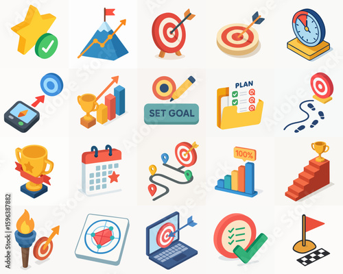 Isometric Detailed Goal Achievement and Success Element Icon Set Illustration