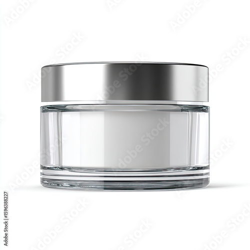 Clear cosmetic jar with silver lid isolated on white background