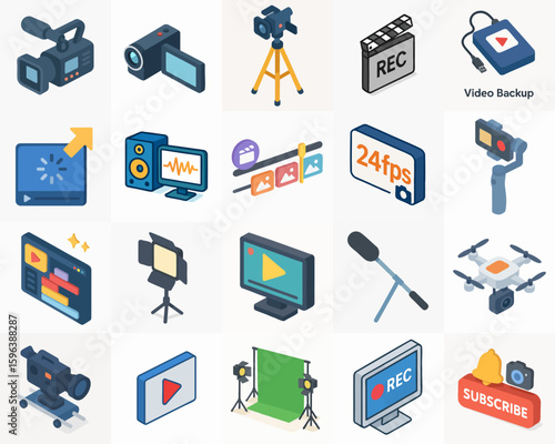 Isometric Detailed Filmmaking Equipment Icons Set for Broadcasting and Recording